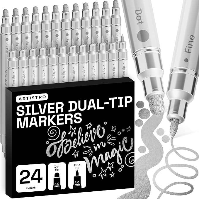 ARTISTRO 24 Silver Dual-Tip Acrylic Paint Markers – Paint Pens Set with Dot & Fine Tips for Fabric, Rock, Glass, Wood, Coloring Books – Arts & Crafts Gift – Classroom Must Haves & School Supplies
