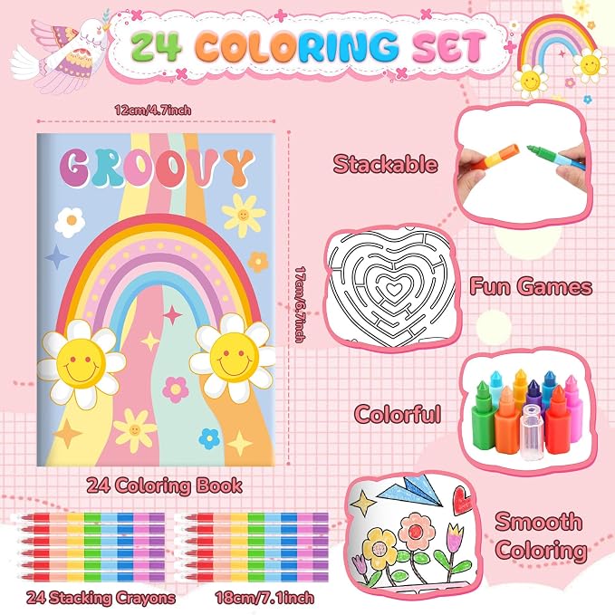 BenLouis 24 Hippie Boho Mini Coloring Books Kids with 24 Stacking Crayons Retro Daisy Party Favors Activity Books Bulk for Kids Two Groovy Goodie Bag Gift Stuffer Classroom Reward