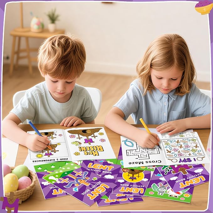 Easter Lent Activity Books for Kids - 24Pcs Christian Lent Mini DIY Games Coloring Book Set Bulk Mazes Word Search Word Scramble Games for Sunday School Classroom Easter Spring Holiday Party Favors