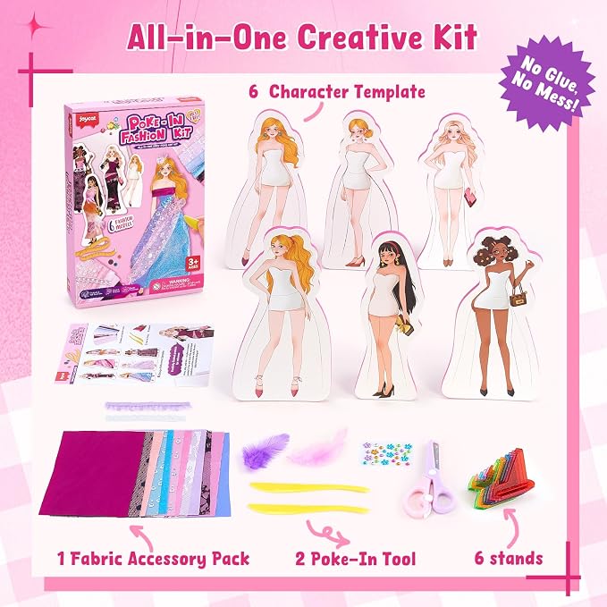 Poke-in Fashion Designer Kit for Girls, No-Sew DIY Craft Toys with 6 EVA Mannequins & Real Fabric, Safe & Non-Toxic Creative Dress Up Activity, Mess-Free Arts and Crafts Gift for Girls Age 5-12