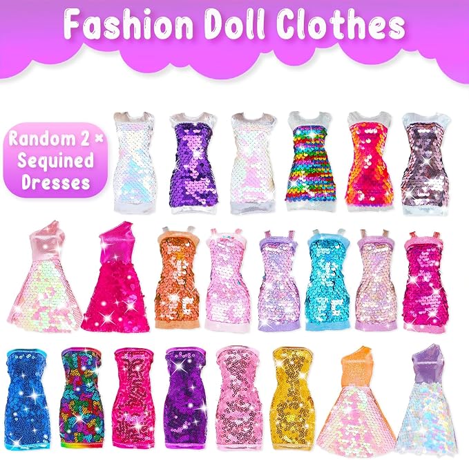 11 Pcs Doll Clothes Including Evening Fishtail Dress Shiny Sequined Slip Dress Fashionable Short Skirt Casual Outfits Top and Pants for 11.5 inch Girl Dolls (No Doll)