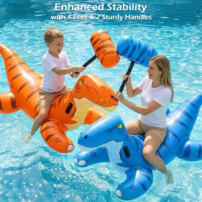 Jasonwell Pool Games Toys Floats -2Pack Inflatable Dinosaur Pool Floats with Blow Up Toy Hammers Ride on Pool Floaties for Kids Teens Adults Lounge Raft Summer Lake Beach Party Decorations