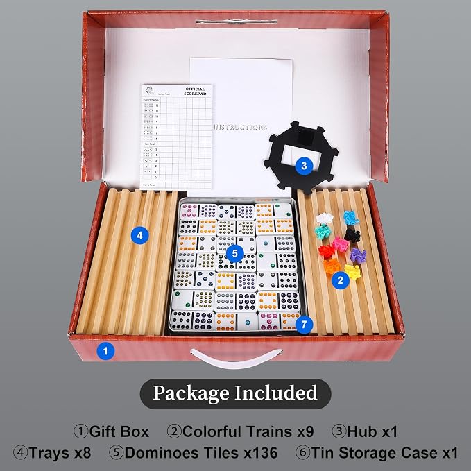 Mexican Train Dominoes Set Double 15, Dominoes Set for Adults and Family, Colored Dot - 136 Tiles in Tin Box, 9 Trains, Hub, 8PCS Wooden Trays