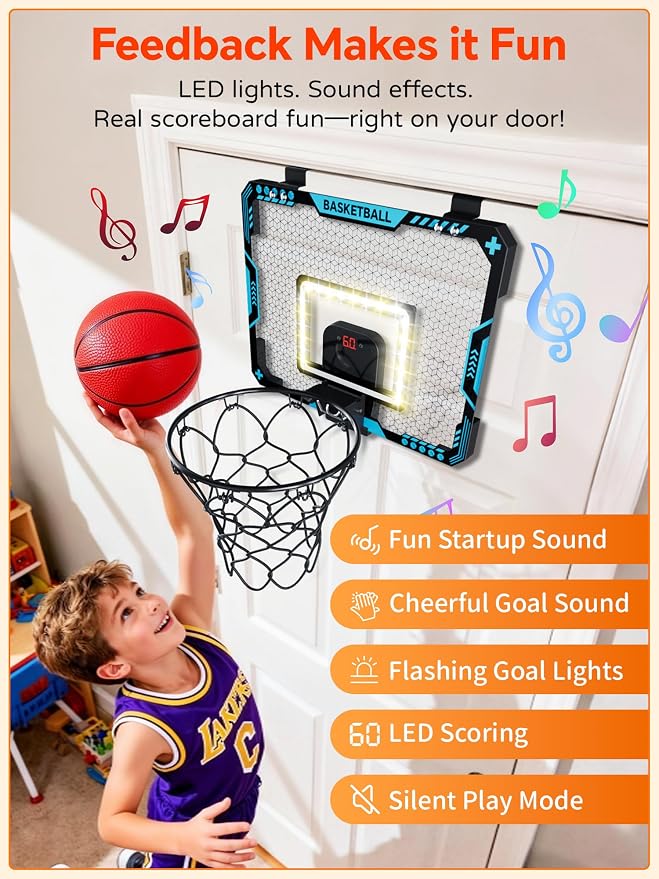 BATURU Over The Door Basketball Hoop for Kids – Indoor Basketball Toy with LED Scoreboard, Lights & Sound, Easy to Hang – Fun Gifts for Boys Ages 6–10