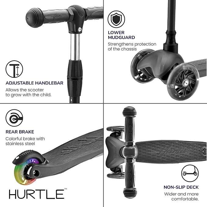 Hurtle Mini Kickboard 3 Wheel Scooter for Kids Ages 2-5 - Lean-to-Steer Toddler Scooter with Light-up LED Wheels, Adjustable Height & Rear Foot Brake for Boys. & Girls, Anti-Slip, Indoor/Outdoor