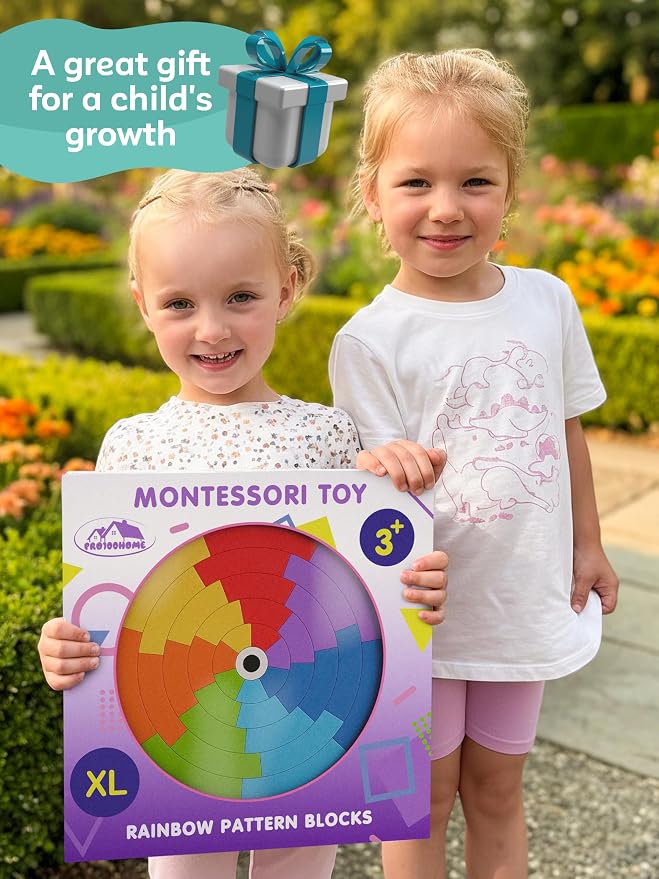 Preschool learning activities Montessori toys – rainbow wooden pattern blocks tangrams color sorting stacking educational games for kids fine motor skills baby girls and boys for 3 4 5 years old (XL)