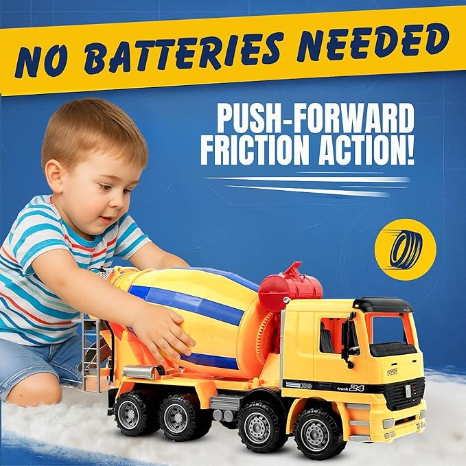 Liberty Imports 15" Oversized Construction Truck Toys for Kids – 1:22 Scale Friction Powered Vehicles with Realistic Moving Parts (Cement Mixer)