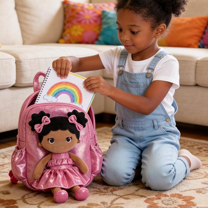 Lazada Toddler Backpack - Baby Girl Gifts Curly Fingerprints Plush Doll Dress Backpack - Fashion Girls Curly Rolled Fingerprints Series - Rose Red 11 Inches
