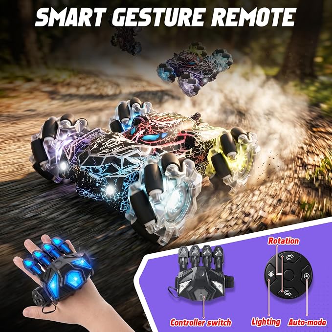 Spider Gesture Sensing Remote Control Car Toys Birthday Gift for Boys 3 4 5 6 7 8 9 10 11 12, Double Sided RC Cars with Full-Body Light, 2.4GHz Hand Controlled Rechargeable RC Stunt Car - Black
