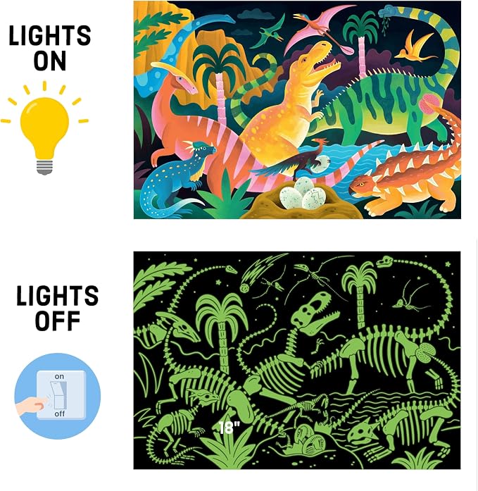 Mudpuppy Dinosaur Park – 100 Piece Glow in The Dark Jigsaw Puzzle with a Prehistoric Scene of Dinosaurs and Hidden Fossil Details in the Dark