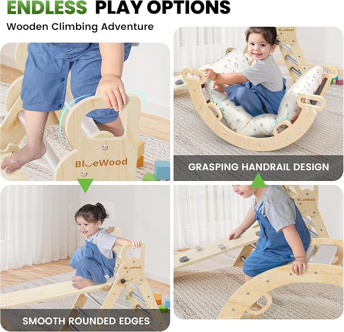 BlueWood Pikler Triangle Set with Cushion, 8-in-1 Climbing Toys for Toddlers, Montessori Philosophy Play Jungle Gym with Arch, Ramp, Ladder(Elegant Gray)