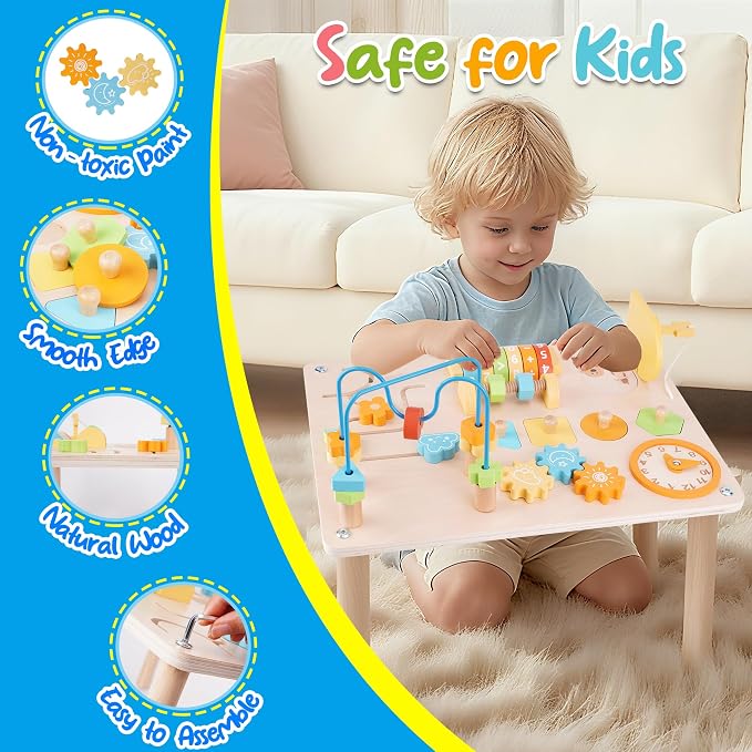 ATOYUS Activity Table for 1 2 3 Year Old, 8 in 1 Wooden Montessori Toys for Toddlers 1-3, Kids Sensory Game Play Table, 1st Christmas Birthday Boys Girls Gifts for 12 Months+ Baby