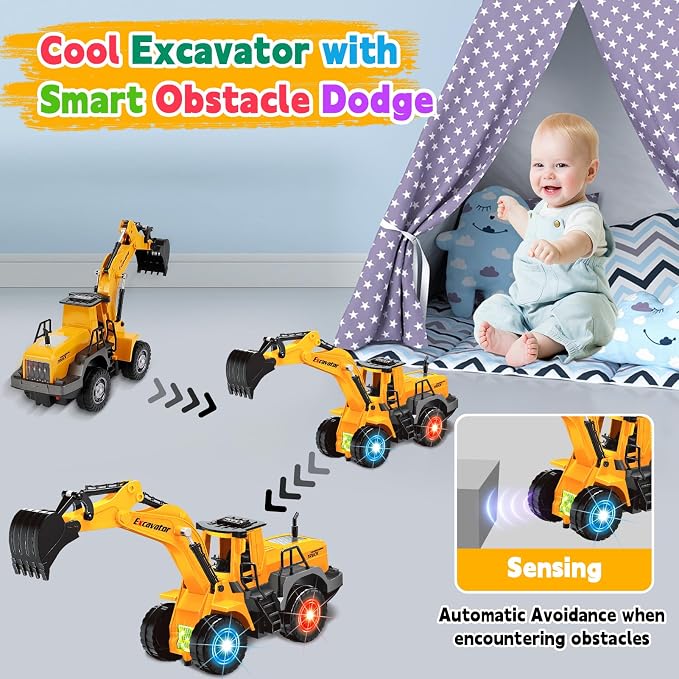 Car Toys for Toddlers, Excavator Toy with 2 Flashing Lights Music, Toy Trucks Construction Vehicle with 1 Moving Arm, Baby Toys for 3 4 5 6 Year Old Boys, Kids Valentine's Day Easter Birthday Gifts