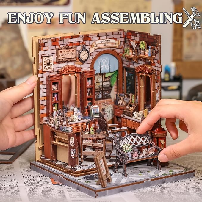 Cutefun Book Nook Kit - DIY Miniature Coffee Shop Dollhouse Kit for Adults and Teens, 3D Wooden Puzzle Bookshelf Insert Decor with LED Light, Gifts for Book Lovers and Beginners (John's Hair Salon)