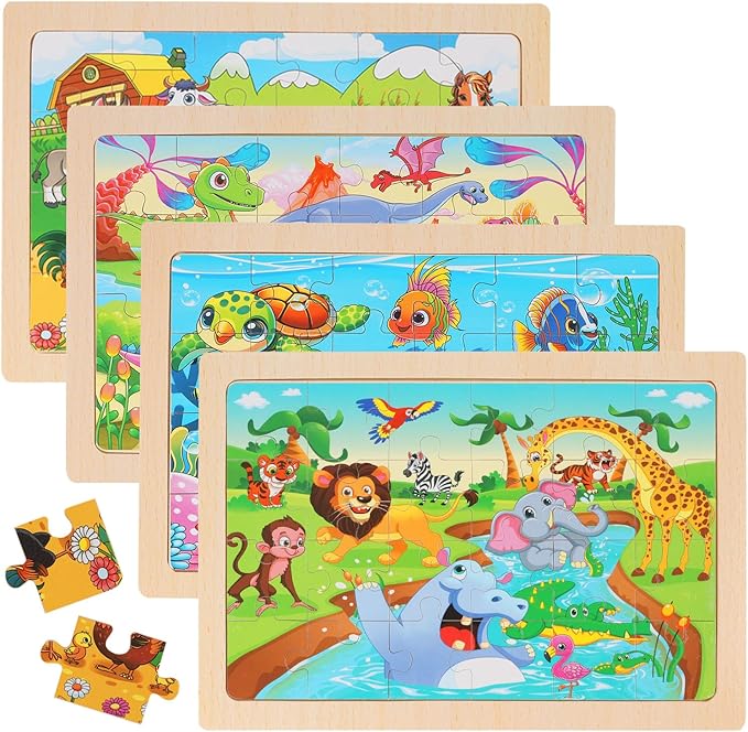 4-Pack Wooden Puzzles for Kids Ages 4-6, 24 Piece Animal Dinosaur Marine Farm Jigsaw Puzzles, Preschool Toddlers Learning Activity Puzzles Toys for Boys Girls 3 4 5 6 Years Old