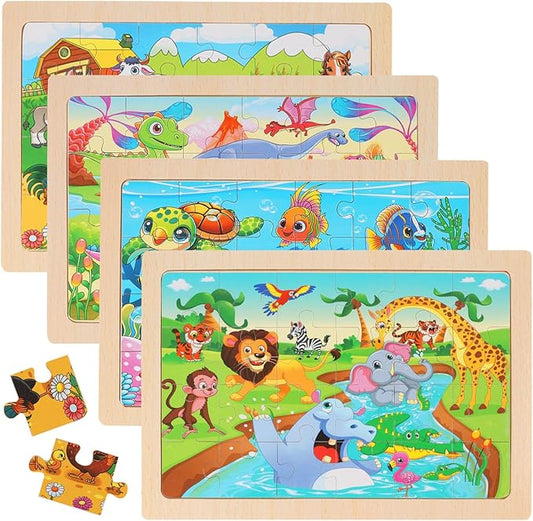 4-Pack Wooden Puzzles for Kids Ages 4-6, 24 Piece Animal Dinosaur Marine Farm Jigsaw Puzzles, Preschool Toddlers Learning Activity Puzzles Toys for Boys Girls 3 4 5 6 Years Old