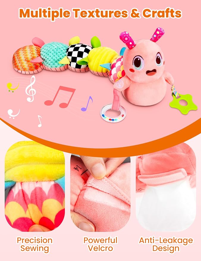 GoGonova Musical Caterpillar Baby Sensory Toy for Infant Development 0-12 Months – Newborn Bath, Car Seat, Stroller & Bassinet Activity Toy & Gift – Tummy Time Crawler & Teether(Pink)
