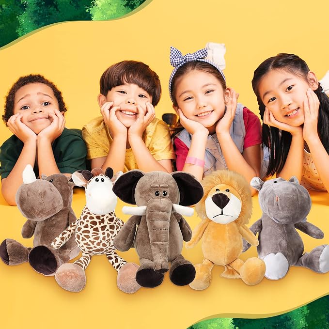 HyDren 10 Pieces 9 Inches Safari Stuffed Animals Set and Elephant Giraffe Lion Tiger Monkey Rhinoceros Zebra Leopard Hippo for Shower Jungle Animal(Classic)