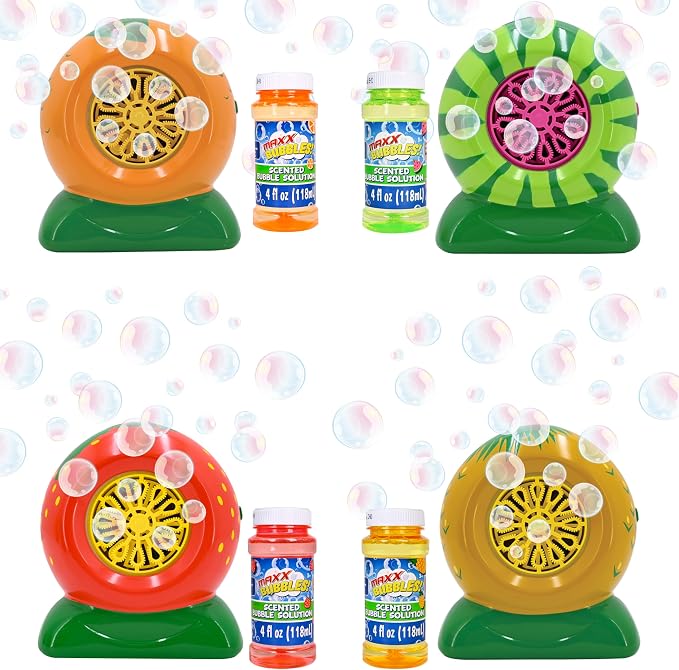 Mini Fruit Bubble Blowers with 4oz Scented Bubble Solution – Bubble Makers for Kids, Battery Operated Bubble Machines - Strawberry, Watermelon, Orange, Pineapple, Receive One Style at Random