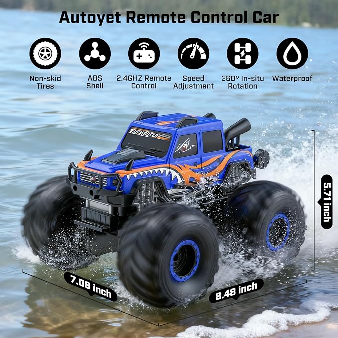 WayEee Remote Control Car Toys for Kids 6+, RC Car Waterproof Monster Truck Toys, Amphibious 4X4 Pickup, All Terrain Off-Road Vehicles, 2.4GHz Remote Control, 1/18 Scale RC Truck Boys Gifts/Blue
