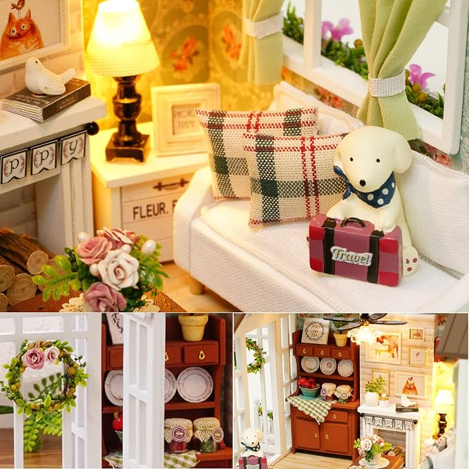 TuKIIE DIY Miniature Dollhouse Kit, 1:24 Scale Wooden Mini Doll House Accessories with Furniture for Kids Teens Adults(Happy Times)
