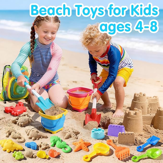 Beach Toys for Kids, Sand Toys Set with Collapsible Sand Bucket, 20” Shovel, Marine Life & Vehicles Molds Sand Castle Toys and Storage Bags, Travel Beach Toys for Toddler 4-8