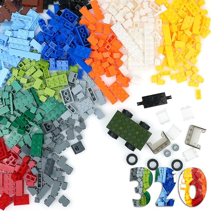 MALEKO 320 Pieces Bricks Parts Pack, Classic Creative Bulk Blocks Car Wheels and Axles Set, Compatible Starter Building Blocks in Random Color - Mixed Shape
