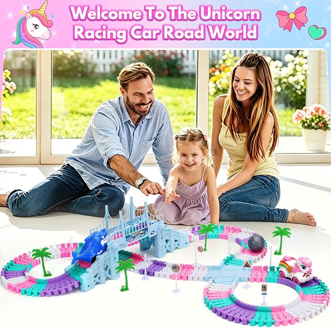 194PCS Unicorn Race Track for Kids Ages 4-8: Flexible Racetrack Toy Car Track Set with Unicorn & Shark Monster Trucks, Great Toys for 3 4 5 Year Old Girls Gifts, Toddler Girls Boys Age 3-6