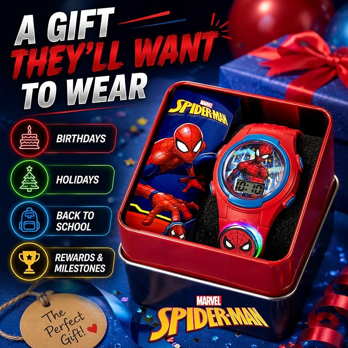 Marvel Spider-Man Kids Watches – Digital Display, Interactive Features, Adjustable Strap, Vibrant Spider-Man Graphics, Durable for Active Kids