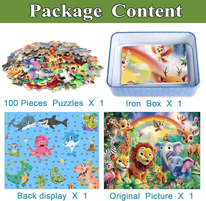 MZZOTOY Jungle Animals Puzzles for Kids Ages 4-8, 100 Pieces Jigsaw Puzzles for Kids Ages 3-5 Puzzle for Girls and Boys Learning Educational Puzzles Toys in a Metal Box ﻿