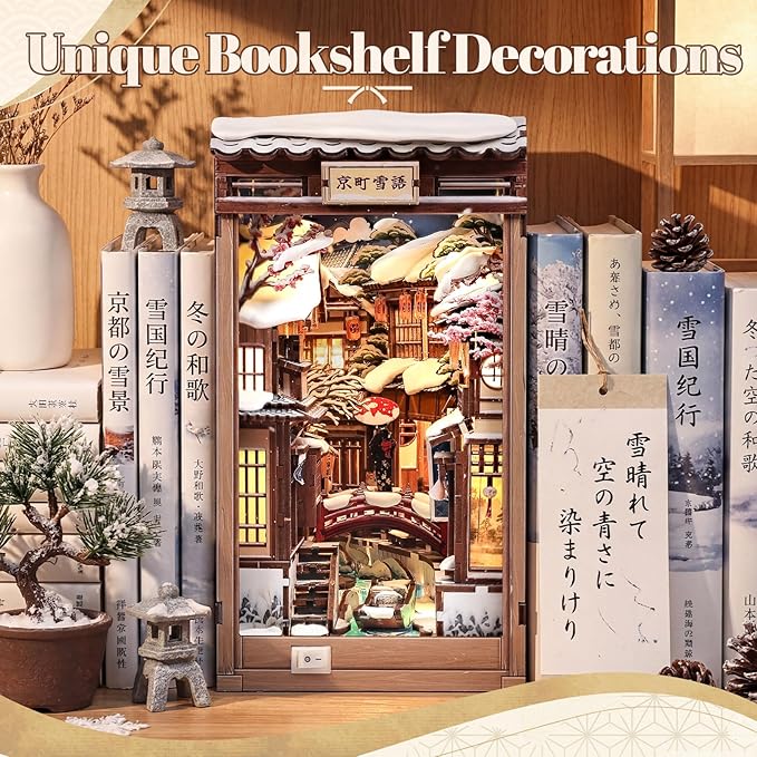 Fsolis Book Nook Kit for Adults – Japanese DIY 3D Wooden Puzzles | Japan Winter Scene Miniature House Building Bookshelf Diorama Gift for Women Puzzle Lovers (Kyoto Snow Whisper)