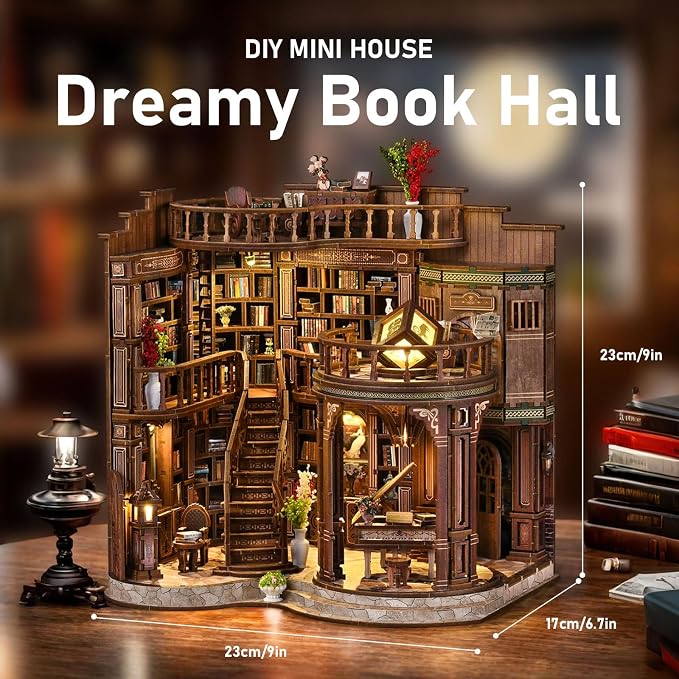 fifijoy DIY Miniature Dollhouse Kit - DIY Miniature House Kit with LED Lights, 3D Wooden Puzzle Library Bookshelf Decor for Adults, Creative Gift for Family, Friends (Dreamy Book Hall)