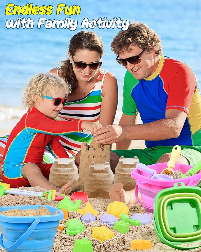 Collapsible Beach Sand Toys for Kids Toddlers with Sand Bucket, Marine Animal Molds, Castle Building Molds, Shovels, Storage Mesh Bag, Travel Sand Toys for Boys Girls (23PCS ( 2 Sand Buckets ))