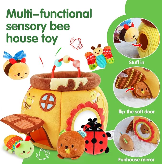 Baby Toys 6-12 Months - Soft Beehive with 5 Stuffed Animals, Rattle, Crinkle, Mirror, Montessori Sensory Toys for Babies 6 7 8 9 10 Month Old Boy Girl 1 Year Old Birthday Shower Gifts Toddler Ages 0-2