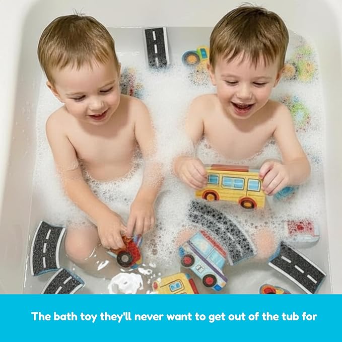 Alex Toys Foam Bath Stickers for Toddlers, 38-Piece Vehicle Tub Stickers Stick to Tub Wall - Foam Bath Toys for Kids Ages 1-3 Toddler Bath Toys for Boys Cars Trucks Bus, Mesh Storage Bag