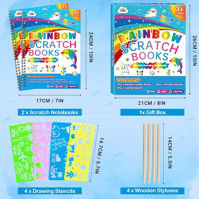 ZMLM Scratch Paper Art Craft: 2 Pack Rainbow Scratch Set for 3 4 5 6 7 8 9 10 Years Old Girls Boys Students Drawing Coloring Black Magic Art Supplies Kits Gifts School Birthday Party Toys (Ocean)