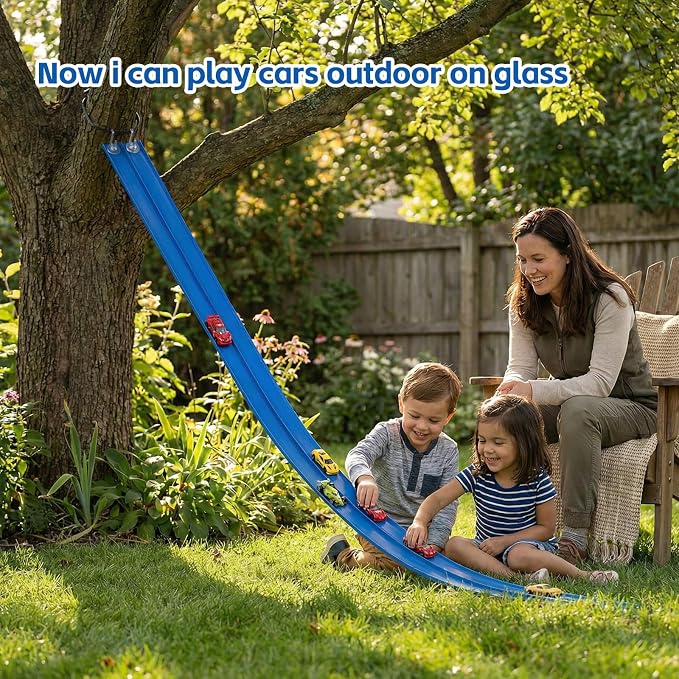 Flexible Race Track 16.5 Ft for Kids - Race Car Ramp Track with Suction Cups, Compatible with 1:64 Scale Diecast Cars, Includes 8 Racing Cars, Portable Toy Play Set Gift for Boys Girls Ages 3-8, Blue