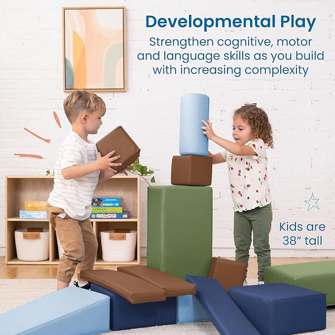 ECR4Kids SoftZone Builder Stacking Blocks and Shapes, Beginner Playset, Earthtone, 16-Piece
