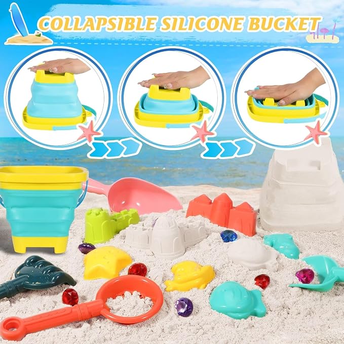 HUITEM Beach Sand Toys for Kids Sandbox Toys with 2 Collapsible Bucket Sand, 2 Dump Truck, Dinosaur Molds, Sand Castle Kit, Shovel Sieve,Flags,Mesh Bag Travel Beach Toys for Toddler 3-10
