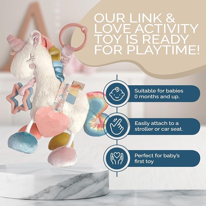 Itzy Ritzy Link & Love Toy for Stroller or Car Seat – Features Textured Ribbons, Crinkle Sounds, Clinking Rings & Silicone Teether – Designed For Ages 0 Months and Up (Unicorn)