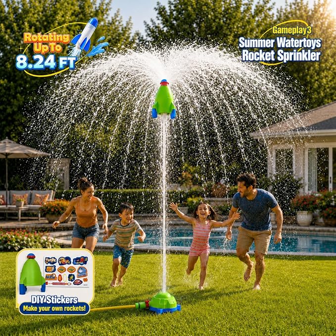 4-in-1 Water Sprinkler Toy for Kids,Backyard Outdoor Water Toys with Water-Spraying Rocket, Baseball Game, Rocket Launcher, Spinning Spray,Summer Yard Water Toys for Boys Girls Ages 4-12