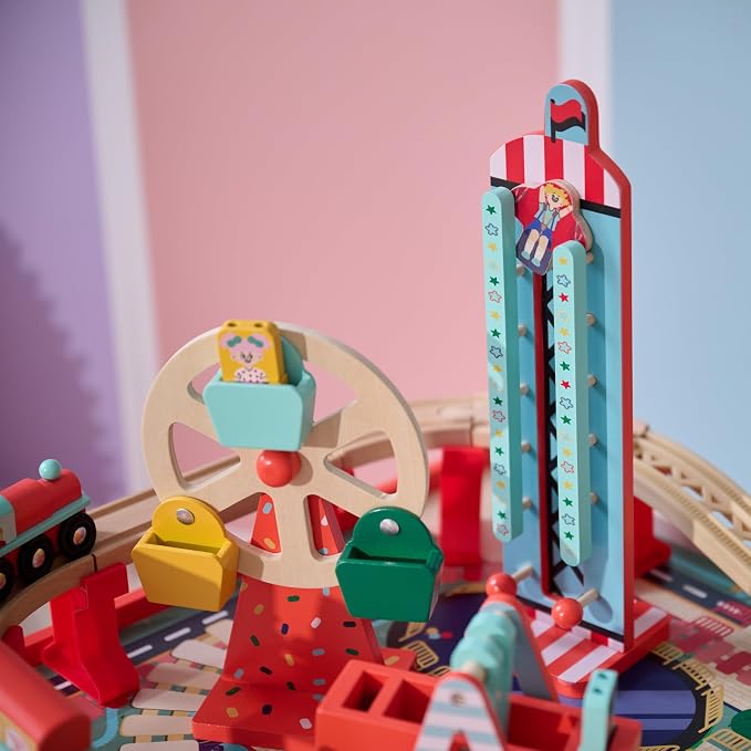 Teamson Kids Wooden Train Table – Carnival-Themed Amusement Park Playset | Ferris Wheel, Carousel & Train Track, Interactive Toy for Toddlers, With Storage, Ages 3+