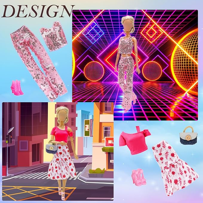 21 PCS Doll Clothes & Accessories Includes 6 Fashion Outfits Chic Suits Party Gown Dress Outfit Stylish Dress Casual Clothing with 6 Pairs of Shoes Accessories,Glasses ,bag for Girl Doll Birthday Xmas