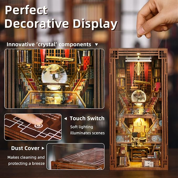 MiniCity DIY Book Nook Kit for Adults, 3D Wooden Puzzle Bookend Bookshelf Insert Decor with LED Light and Dust Cover (Beyond Library)