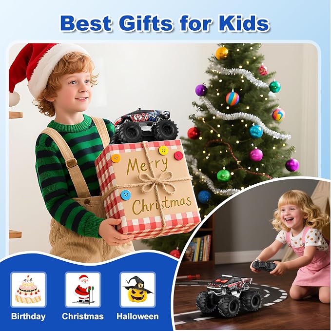 TOZDTO Remote Control Car, 1:18 Waterproof Monster Truck Toys RC Cars, 2.4GHz RC Trucks 4WD All Terrain Off-Road Pickup, Kids Christmas Birthday Presents for Boy Girl Toys Age 6 7 8 9 10 11 12