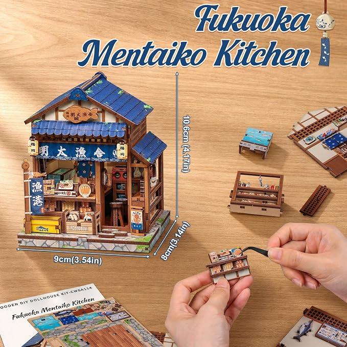 Cutefun DIY Miniature House Kit, 129 Pcs 3D Wooden Puzzle Tiny House Mini House Building Kit for Beginner & Teens, Palm-Sized Japanese Booknook Dollhouse for Bookshelf Decor (Fukuoka Mentaiko Kitchen)