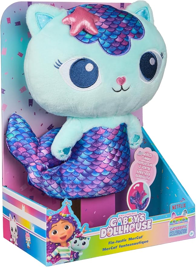 Gabby’s Dollhouse, Fin-Tastic Mercat, Premium Plush Toy, 10-Inch Tall Stuffed Animal with Moving Mermaid Tail, Kids Toys for Girls & Boys Ages 3+