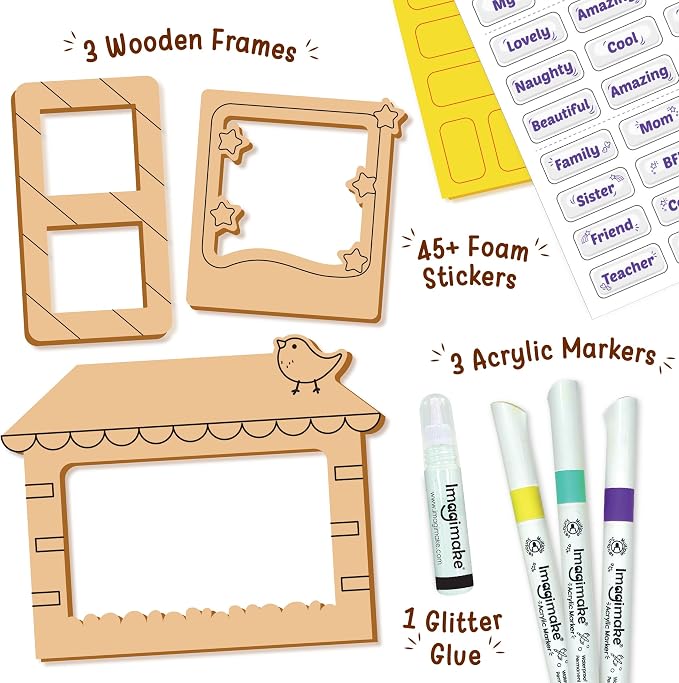 Imagimake DIY Wood Art Photo Frame | 45+ Foam Stickers | Glitter Glue | 8 Year Old Girl Gifts & Boys Gifts | Art Set for Kids Ages 5-8 | Wooden Painting Crafts for Kids Age 5,6,7,8 & Above