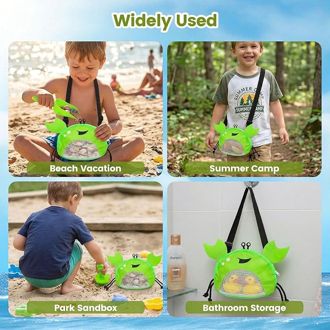 AMOR PRESENT Mesh Baby Beach Bag, Shell Collecting Bag with Shovel Crab-Shaped Adjustable Strap for Holding Shell Sea Pool Sand Toy, Green