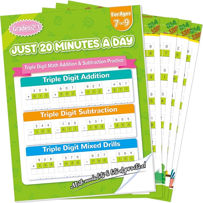 Addition and Subtraction Workbook Triple Digit Math Practice Worksheets for 2nd 3rd Grade, Addition&Subtraction Worksheets One Page A Day Math for Ages 6-9, Math Repetition Exercise Daily, 56 Pages
